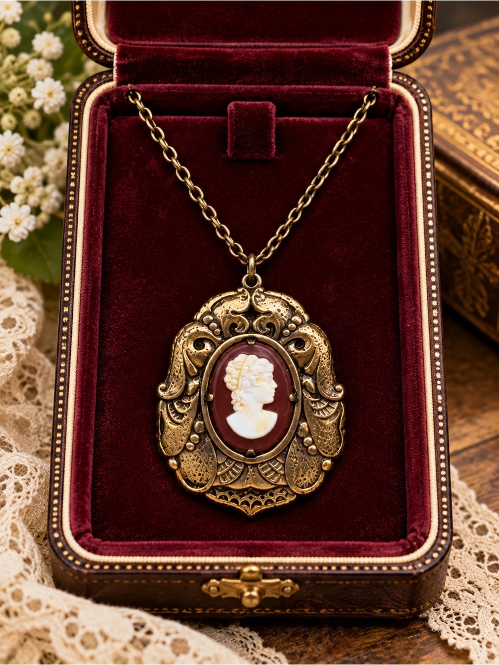 Robbins Attleboro Co Vintage Victorian Cameo Necklace Ornate Antique Gold Tone